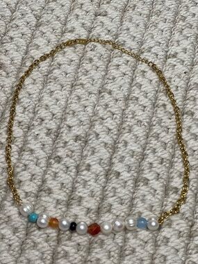 Gold Tone Freshwater Pearl & Gemstone Station Necklace Beaded Boho